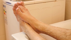 Twinky Feet - Young twink Adam jerking uncut cock in bath